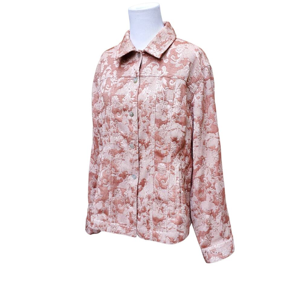 Chico's Sz 2 Red Tan Floral Damask Tapestry Jacket Pockets Collar Chicos Sz L 12 - Picture 8 of 14